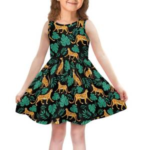 lot 19900 image: Animepark Cheetah Green Leaves Girls Dress Sleeveless Crewneck A-line Dress Swing Flared Casual Party Dress with Pockets 13-14 - Retail $22