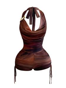lot 19901 image: OYOANGLE Womens Tie Dye Mesh Sleeveless Halter Romper Ring Linked Draped Backless Party Going Out Rompers Multicolor X-Small
