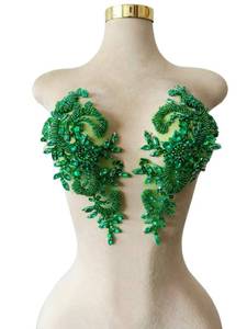 lot 19904 image: Handmade Rhinestones on Lace Applique Trim Sewing Beads Sequins Trim Patches for Wedding Dress Accessories 1PairBag 4.72X11.8inches (Light Green) - Retail $30