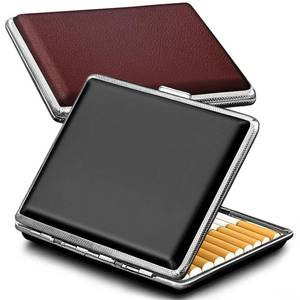 lot 19906 image: roygra Cigarette Case (2 Pack), Spring Switch 20 Capacity Cigarette Holder Case for Men Women, Cigarettes Smoking Accessories for Smoke, Metal & Leather Box for Regular, King Size and 100mm 100s - Retail $6