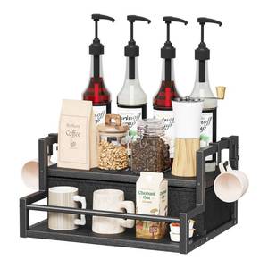 lot 19913 image: Homeiju Coffee Syrup Organizer Rack, 2-Tier Bottle Coffee Bar Accessories, Holder Stand with K Cup Storage Drawer for Coffee bar, Wine Rack, Storage Shelves for Syrup. (Black) - Retail $45