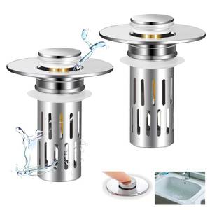 lot 19915 image: Smelish 2 Pack Bathroom Sink Stopper for 1.06-1.50in, Universal Bathroom Sink Drain Pop Up Stopper with Hair Strainer, Universal Drain Filter for US Stainless Steel Floor Drain Filter (Silver) - Retail $5