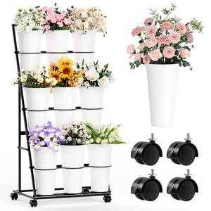 lot 19942 image: Invech Flower Display Stand with 9 Buckets and Wheels, 3 Tier Flower Cart Display Stand for Indoor Outdoor Garden, Wedding, Flower Shop (Black) - Retail $90