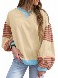 lot 19944 image: Fisoew Womens Color Block Oversized Sweatshirt Casual Lantern Long Sleeve Crewneck Striped Pullover Tops Fall Outfits Beige XL - Retail $15