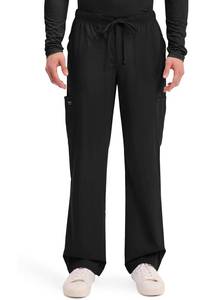 lot 19947 image: Cherokee Scrubs for Men Tapered Leg Cargo Scrub Pants with Zip Fly, 5 Pockets Elastic Waist 2-Way Stretch & Easy Care - WW190, L, Black - Retail $27
