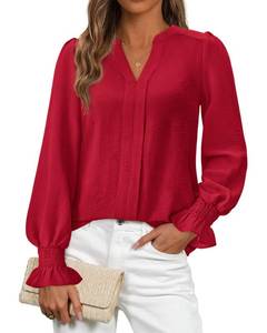 lot 19948 image: Okiwam Womens Long Sleeve Tops V Neck Shirts Dressy Casual Blouses Business Work Clothes 2026 Fall Fashion Outfits-L Red