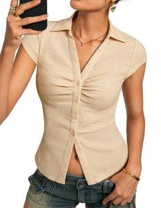 lot 19952 image: Women Textured Button Down Blouse, V-Neck Ruched Tops with Y2K Collar, Slim Fit Cap Sleeve Going Out Casual Shirt(Apricot, L) - Retail $19