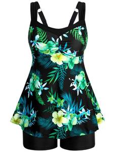 lot 19953 image: HUSKARY Plus Size Tankini Swimsuits for Women Loose Fit Tropical Swim Tank Tops with High Waisted Shorts Beach Two Piece Swimsuit Tankini Sets X-Large Black Green Floral - Retail $37
