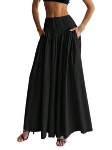 lot 19955 image: QJQ Womens Fall Boho Flowy Flared Ruffle Maxi Skirt High Waisted Long Flowy Pleated Skirts with Pocket Black Medium - Retail $30