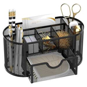 lot 19974 image: SUPEASY Mesh Desk Organizer, Desk Accessories & Workspace Organizers with Drawers, Pencil Holder for Desk with 9 Compartments for Office Supplies, School, Classroom, 8.6 x 4.3 x 4.1 Inch, Black - Retail $14