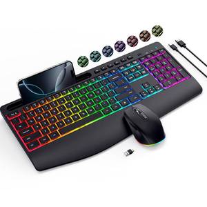lot 19975 image: Wireless Keyboard and Mouse Combo- VEILZOR 2.4G Rechargeable Keyboard with Phone Holder, Ergonomic Wrist Rest, 9 RGB Backlit Effects, Silent Keyboard Mouse Set for Windows, Laptop, PC - Retail $33