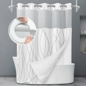 lot 19986 image: LXBNI No Hook Grey White Striped Shower Curtain with Snap in Fabric Liner Set - Hotel Liner Set with See Through Mesh Top Window,Machine Washable, 71x74 INCH - Retail $23