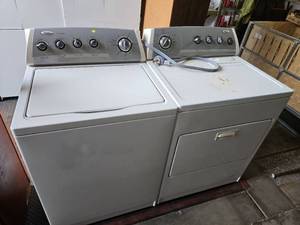 lot 15 image: Whirlpool Washer and Dryer Set White - Washer WTW5800SW - Dryer - WED5800SW - Pulled From working environment - We did not test