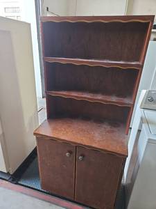 lot 16 image: Wood Hutch Cabinet with Open Shelving and Storage