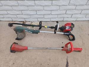 lot 19 image: Gas String Trimmer, Electric String Trimmer, and Power Hoe Model # 51750 - Gas Trimmer would not start - Electric Trimmer Powered on and Spun - Power Hoe Powered on and Spun