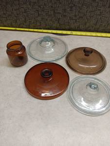 lot 158 image: Mixed Glass and Amber Cookware Lid Collection