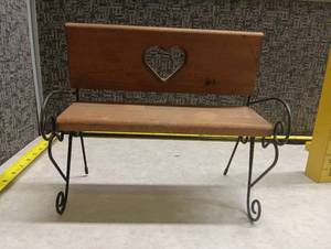 lot 227 image: Miniature Decor Wooden Garden Bench with Heart Cutout and Metal Frame