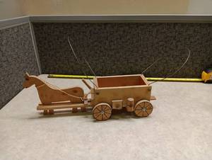 lot 249 image: Handmade Wooden Horse and Wagon Decorative Model