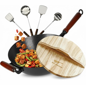 lot 19456 image: Pre-Seasoned Cast Iron Nonstick Stir-Fry Pan  Dual Handles & 4 Spatulas  Flat Bottom Wok with Wooden Lid & Wood Handle  Traditional Chinese Induction Wok (34cm) - Retail $69