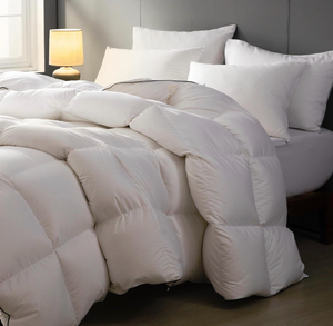 lot 19468 image: California King Size Down Comforter,Medium Weight All-Season Duvet Insert with Black Trim & 8 Loops,Luxury Noiseless Bedding Comforter, White,108x98 - Retail $159