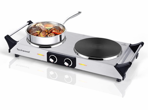 lot 19475 image: Hot Plate, Techwood 1800W Portable Electric Stove for Cooking Countertop Dual Burners with Adjustable Temperature & Handles, 7.5 Cooktop for HomeRVCamp, Compatible for All Cookwares, Silver - Retail $79
