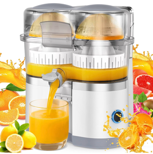 lot 19478 image: Electric Juicer Machines with Double Head and Built-in Fruit Cutter, Fast Citrus Juicer for Oranges, Lemons, Limes & Grapefruits, Powerful Lemon Juicer for Home, Kitchen and Daily Fresh Drinks - Retail $49