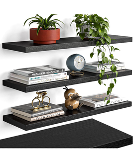 lot 19482 image: 23����Black Floating Shelves for Wall,Rustic Wood Shelf for Room DecorStorageDisplay,Small Bookshelf,Wall Mounted Hanging Shelves for Bedroom, Bathroom, Living Room, Kitchen,Set of 4 - Retail $59