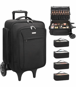 lot 19496 image: Rolling Makeup Case with 4 Small Makeup Bags, Large Make Up Travel Organizer with 2 big Wheels, Professional Lockable Makeup Artist Backpack with Adjustable Dividers for Daily Use - Black - Retail $189