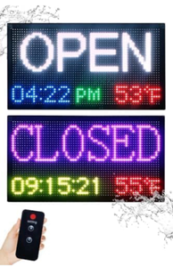 lot 19503 image: 20x11 Smart LED OpenClosed Sign Outdoor Waterproof, RGB Color Changing Backlight with Remote Control, Digital Alarm Clock, Calendar & Temperature Display - Use Retail Stores, Shops - Retail $99