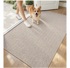 lot 19506 image: Ultra Thin Indoor Door Mat for Entrance 36x56, Non Slip Entryway Mat, Low Profile Doormat, Unique Herringbone Design Carpet for Inside, Patio, Porch, Beige - Retail $59