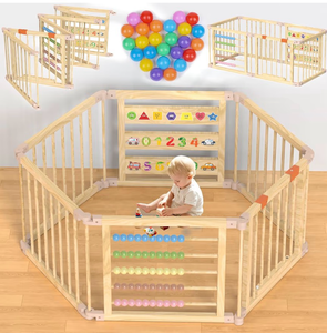 lot 19512 image: Foldable Wooden Baby Playpen with Gate, Wood Baby Play Pen Play Yard with Educational Abacus, Alphabet Board, Shape Color Board & Child Proof Lock, Wood Playpen for Babies and Toddlers 57�30�23 inch - Retail $109