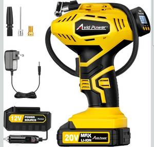 lot 19532 image: Cordless Tire Inflator Portable Air Compressor, 20V Rechargeable Battery Powered Car Tire Pump w 12V DC Adapter, Digital Pressure Gauge, Air Pump for Car, Bike, Motorcycle, Ball - Retail $53