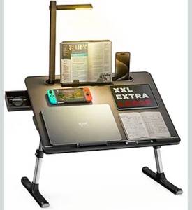 lot 19538 image: Laptop Bed Tray Desk with LED Desk Light, SAIJI Adjustable Laptop Stand for Bed, XX-Large PVC Leather Foldable Table with Book Stand,Wrist Rest, Extra Leg Room(Black) - Retail $149