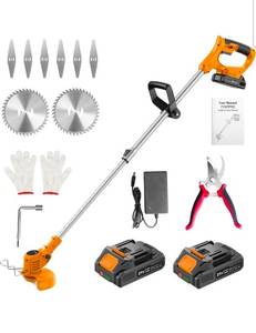 lot 19546 image: 21V String Trimmer Cordless - Battery Powered Weed Wacker, 2 X 2.0Ah Battery and a Charger, Grass Trimmer, Brush Cutter and Edger Lawn for GardenYard - Retail $105