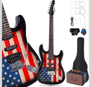lot 19548 image: 39 Full Size ST Style Electric Guitar Starter Kit with SSH Pickup, 5W Portable Amp, Tuner, Gig Bag, Strap & Accessories (US Flag) - Retail $109