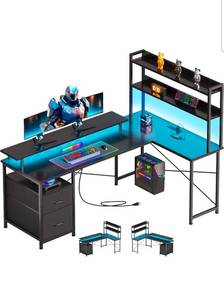 lot 19550 image: L Shaped Gaming Desk with Shelves,Reversible Computer Gaming Desk with LED Lights and Charging Station,Home Office Corner Desk with Monitor Stand,Black - Retail $124