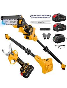 lot 19552 image: 4-in-1 Pole Saw & Electric Pruning Shears, 6 Inch Mini Chainsaw for Tree Trimming, Cordless Pruning Shears with 9.5ft Max Extension Pole, 2 x 4.0Ah Battery Powered Pole Saw Pruner for Garden (Yellow) - Retail $149