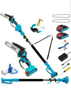 lot 19553 image: 2-in-1 6 In Mini Chainsaw & Electric Pole Saw, Electric Pole Saws for Tree Trimming, 21V Cordless Battery Chainsaw Powered with 2 Batteries, Lightweight Tree Trimming Tool for Small Branches - Retail $103