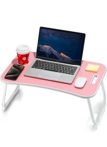 lot 19555 image: Laptop Bed Desk, Foldable Lap Desk, Portable Lap Table, Laptop Stand with Cup Holder & Tablet Slot & Lifting Handle for Working Writing Drawing & Eating - Pink - Retail $49