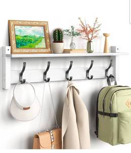 lot 19558 image: Coat Rack Wall Mount with Shelf, 24 Inch Coat Hanger Walls Mounted, Hat Rack for Walls, Shelf with 5 Coat Hooks, Wall Hanger for Entryway (White) - Retail $32