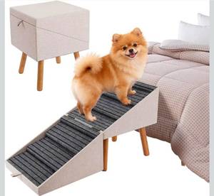 lot 19562 image: Dog Ramp for Bed & Couch, 21.06 inches High Dog Stairs for LargeMediumSmall Doggie, Foldable 2 in 1 Wooden Pet Steps for Puppy Older and Injured Dogs, Split Ottoman Design, No-Slip Surface(Apricot) - Retail $162