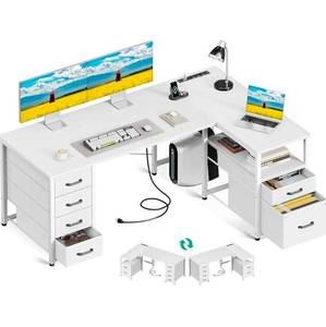 lot 19563 image: L Shaped Computer Desk with 6 Drawers & Power Outlet, 55 Inch Corner Desk with Reversible Storage Shelf & File Drawer, Home Office Desk, White - Retail $149