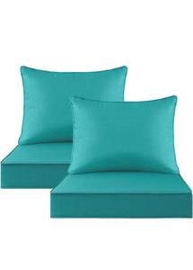 lot 19566 image: Outdoor Patio Chair Cushions Set, 24 x 24, Set of 2, Water-Repellent, Fade Resistant, Deep Seat Bottom and Back Cushion for Backyard, Couch, Sofa and Patio Furniture, Turquoise - Retail $119