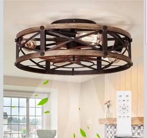 lot 19568 image: 19 Farmhouse Flush Mount Caged Ceiling Fans with Lights, Fandelier Rustic Low Profile Ceiling Fan with Light and Remote, Small Bladeless Ceiling Fans with Lights for Kitchen, Bedroom - ETL - Retail $99