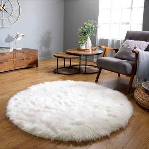 lot 19569 image: White Round Rugs 6ft Faux Fur Sheepskin Circle Rug for Living Room Fluffy Washable Rug for Bedroom Teen Room Dorm Cute Room D�cor - Retail $97