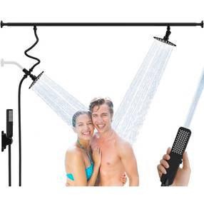 lot 19578 image: Dual Shower Head for Couples, Adjustable High Pressure Tandem Shower Head, Double Shower Heads for Two People Rod, 6-Setting Diverter, Dual Rain Shower Head with Handheld Combo - Matte Black - Retail $159
