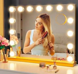 lot 19588 image: 22.8 x 18.2 Vanity Makeup Mirror with Lights, 10X Magnification,Large Hollywood Lighted Vanity Mirror with 15 Dimmable LED Bulbs, USB Charger Port, Tabletop or Wall-Mounted Gold - Retail $66