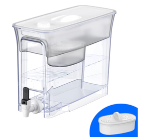 lot 19595 image: 35-Cup Slim Water Filter Dispenser, Large Capacity, 200-Gallon Long-Life, Faster Filtration, Reduces Chlorine, PFOAPFOS and More, BPA Free, White (with 1 Filter) - Retail $38
