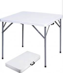 lot 19621 image: 34 Square Folding Table, Fold-in-Half Utility Dining Portable Table Heavy Duty HDPE Plastic Foldable with Carrying Handle Indoor Outdoor for Picnic, Party - Retail $69