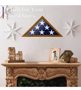 lot 19628 image: Glass Front Flag Display Case for 5 x 9.5 Folded Burial Flag, Brown Solid Wood Frame, Wall Mount Military Flag Box Display Case for Veterans - Retail $47